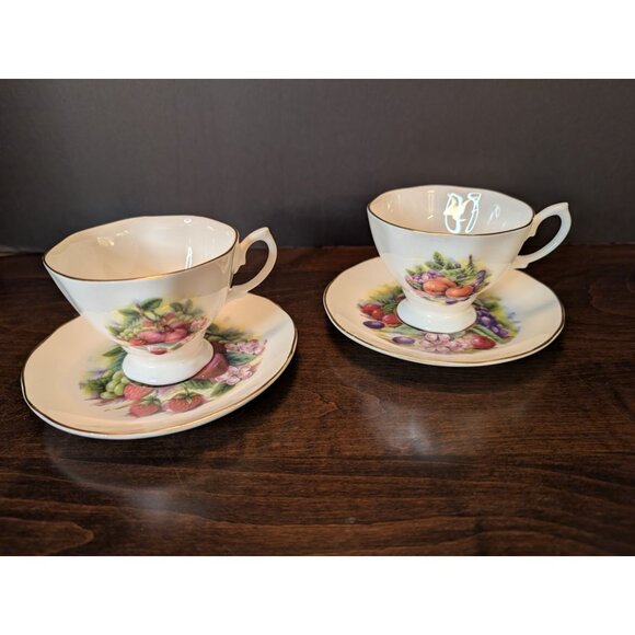 Royale Garden Fruit Medley Bone China Tea Cups & Saucers Set Of 2 Staffordshire - Picture 9 of 10
